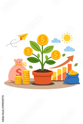 Banner flat vector illustration showcasing growth money investment, passive income concept, and investing