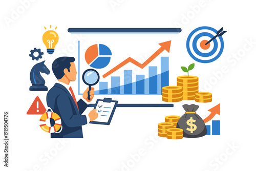 The banking sector encompasses finance and investment principles, while a businessman evaluates market data, financial charts, economic expansion, business tactics, planning and solutions, and risk