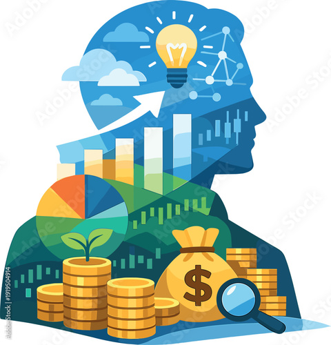 Double exposure: business finance, money management, budgeting, and investing illustrated with charts and graphs,