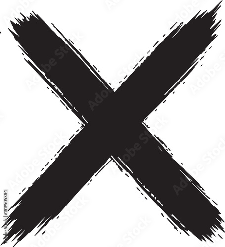 Black X mark brush stroke symbol with distressed edges on white background also transparent background
