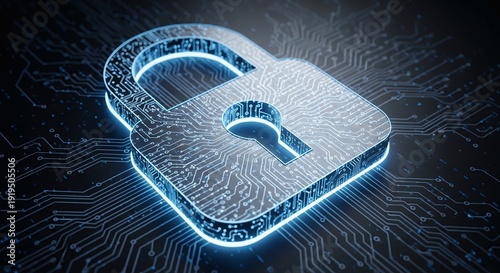 Open padlock with glowing blue circuit board pattern representing data security and online protection.