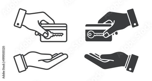 Black and white icons showing hands holding key cards and open palms symbols