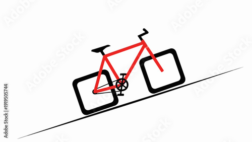 Red bicycle with square wheels illustrates uphill struggle on diagonal line. Graphic displays uphill struggle, representing inefficient methods or innovation hurdles.
