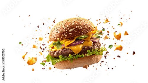 Burger with flying ingredients. Delicious monster Hamburger cheeseburger explosion concept flying isolated on a white background