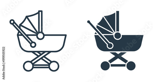 Collection of two baby carriage symbols featuring linear and filled styles for parenting