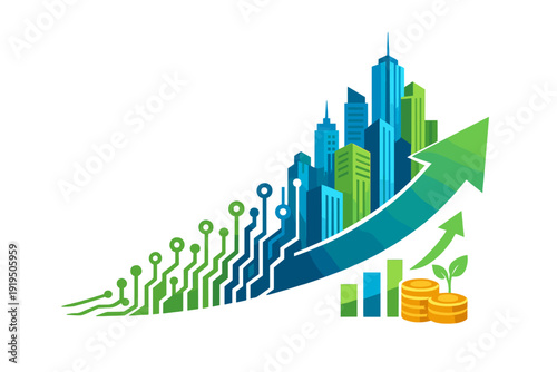 Digital circuits evolving into skyscrapers symbolize economic growth driven by innovation and investment, reflecting an investment-focused economy