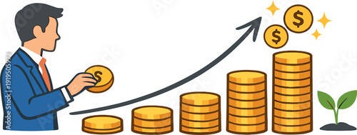A hand‑drawn digital chart of a rising graph with stacked coins by a businessman, illustrating business investment profits and dividend savings growth