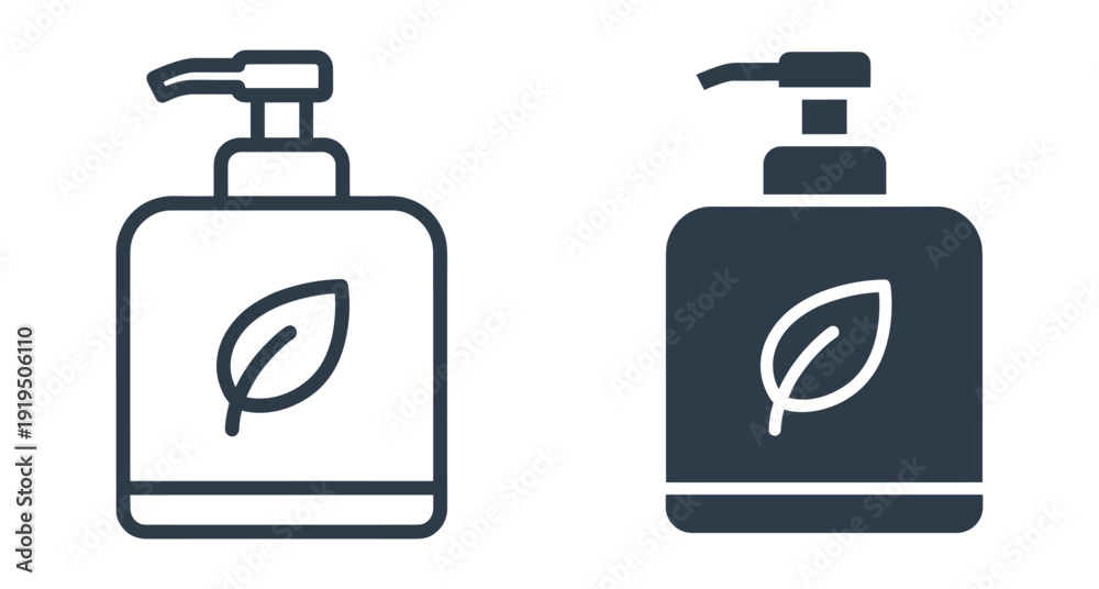 Obraz premium Minimalist outline and solid icons of a liquid soap dispenser with leaf logo