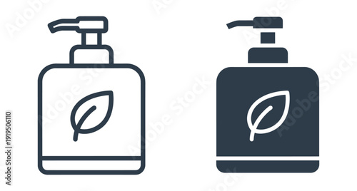 Minimalist outline and solid icons of a liquid soap dispenser with leaf logo