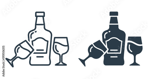 Minimalist vector illustration of a liquor bottle with two glasses for bar menu