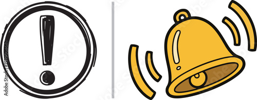 Hand-drawn vector featuring a textured black exclamation mark in a circular frame alongside a vibrant yellow ringing bell. It symbolizes system notifications, active reminders, and urgent alerts.