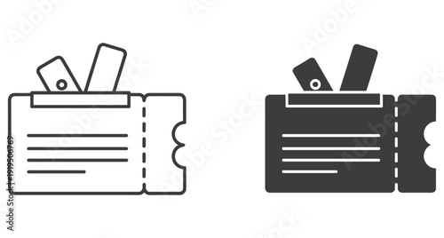 Minimalist line and solid vector icons representing event tickets with perforated edges and inserts