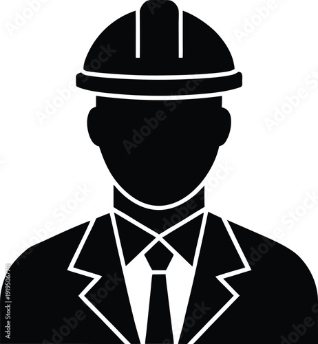 architect with hard hat silhouette vector art illustration, black and white design