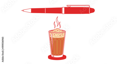 Red ballpoint pen and a glass of steaming hot masala ch.ai tea vector illustration