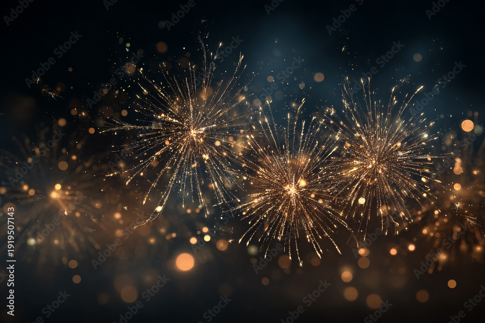 Obraz premium Golden fireworks burst and sparkle against a dark night sky creating a celebratory atmosphere with bokeh lights