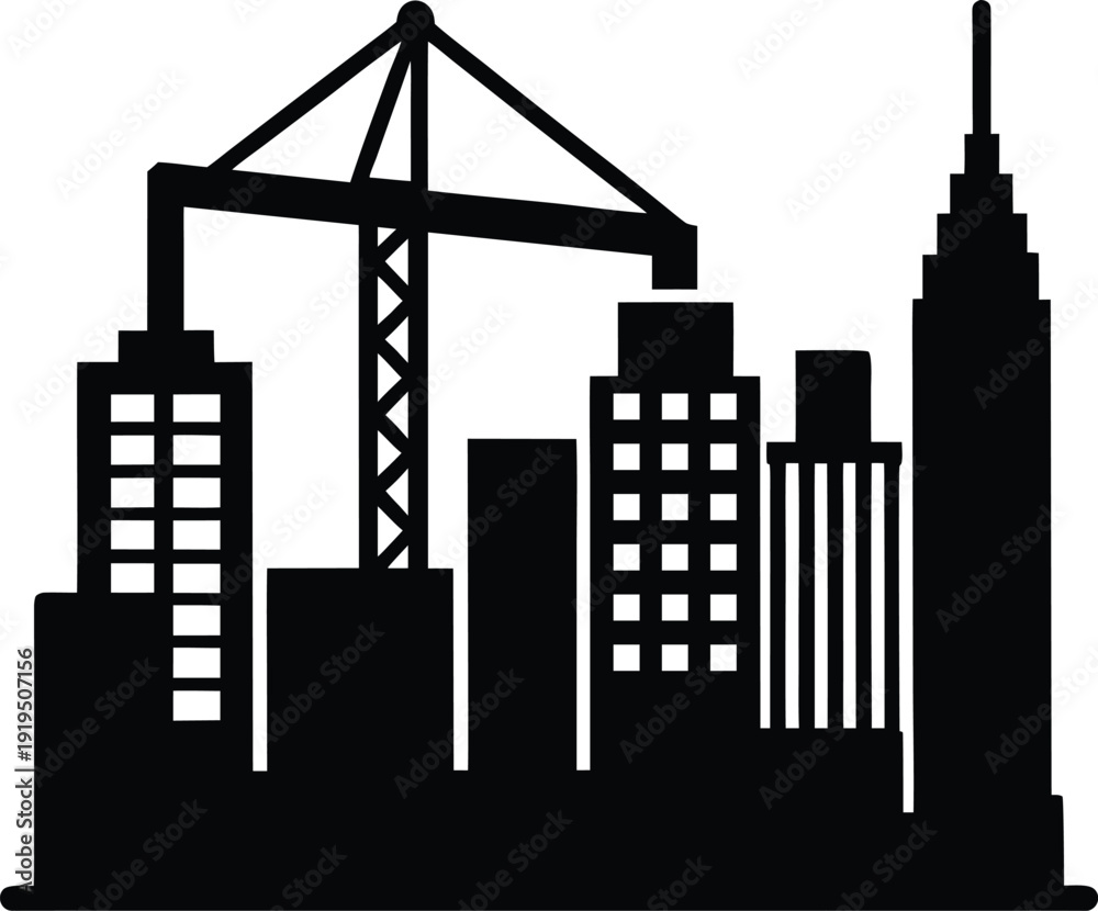 Fototapeta premium city skyline with crane silhouette vector art illustration, black and white design