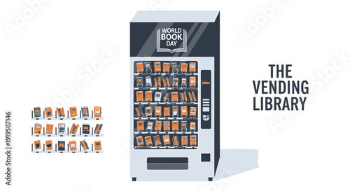 Vending machine icon collection. Includes library, book, vending machine, book vending, and library icons. Created in modern style with colorful palette.