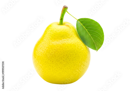A single yellow pear with a green leaf attached to its stem. isolated on transparent background
