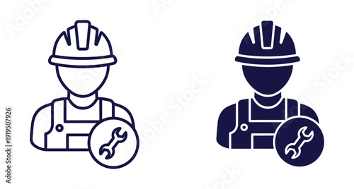 Professional repairman and technician avatar icons featuring safety helmet and mechanical tool sign