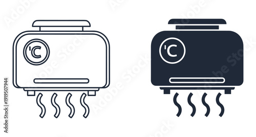 Set of linear and solid icons representing a heating system or air conditioner