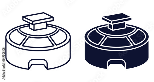 Set of two circular lid icons featuring rectangular handle in outline and silhouette