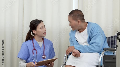 Home worker, caregiver, disability support worker holding hand of senior woman in wheelchair, 