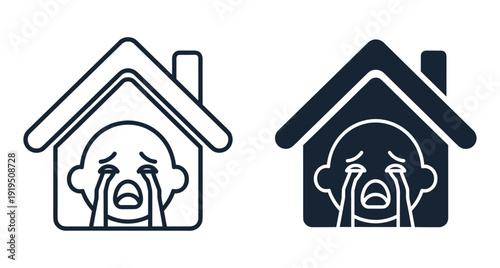 Minimalist line and solid icons of a sobbing infant face within a home outline