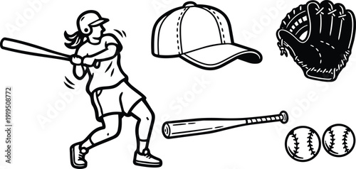 Line art female batter swinging a baseball bat with cap glove spare bat and two balls side view clean outline