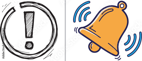 A two-panel vector illustration featuring a hand-drawn ringing bell on the left and a sketchy triangular warning sign with a yellow lightning bolt on the right.