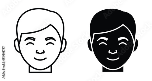Minimalist male head avatar icons featuring a happy expression with closed eyes and smile