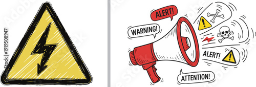 Hand-drawn vector featuring a yellow high-voltage triangle and a red megaphone blasting "ALERT!", "WARNING!", and "ATTENTION!" with skulls. It conveys extreme danger and multi-level emergency alerts.