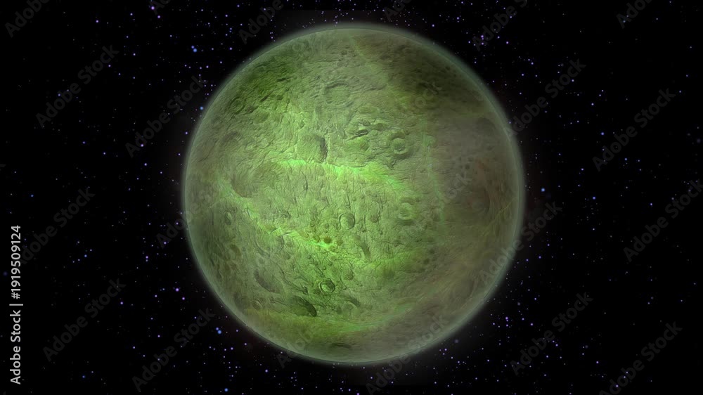 A planet with a rocky, textured surface with meteor craters orbits in ...