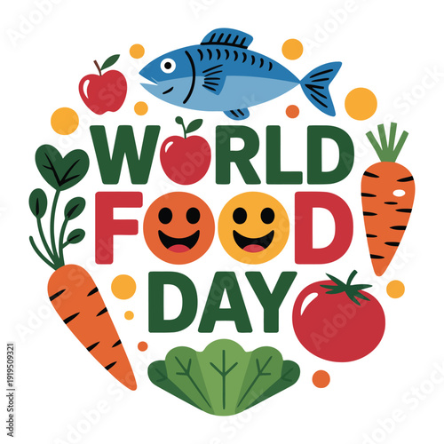 Colorful Food Day with vegetables fish and smiling emojis in the text carrots tomatoes apples