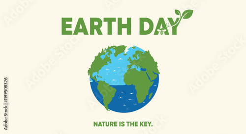 Earth Day vector illustration with globe and green leaf, eco-friendly symbol.
