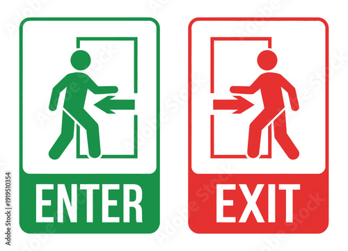 Entry Exit Icon Collection, Man Silhouette Direction Signs, Public Wayfinding Pictograms For Office And Commercial Buildings, In And Out Door Symbols, Clean Outline Vector Illustration For Safety.