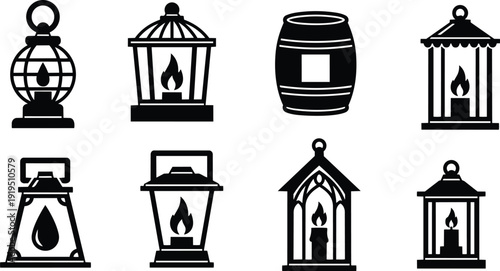 Flat vector lantern and barrel icon set eight silhouette lantern designs close up minimalist black and white line art collection