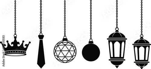 Flat design hanging silhouettes crown tie disco ball ornament bauble and arabic lanterns in black on white landscape vector minimal