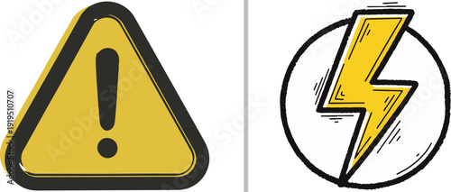 A two-panel graphic with a yellow triangular warning sign containing an exclamation point on the left, and a circular badge featuring a yellow lightning bolt symbol on the right.