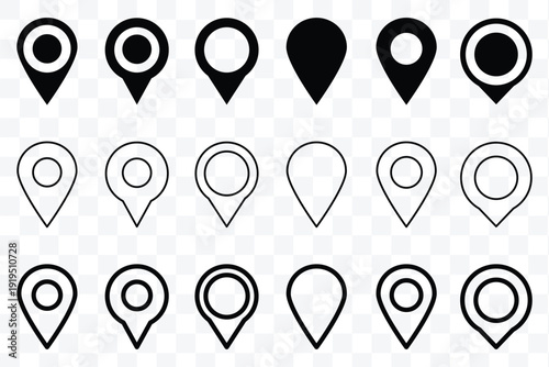 Location pin icon. Map pin place marker. Location icon. Map marker pointer icon set. GPS location symbol collection. Vector illustration.