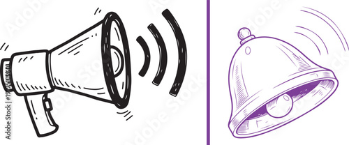A two-panel vector graphic featuring a hand-drawn megaphone with sound waves on the left and a ringing purple-outlined bell on the right, separated by a thin vertical line.