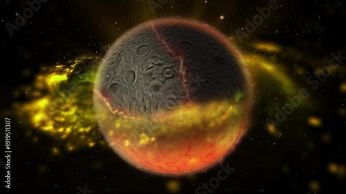 A planet with a mountainous and canyon-like terrain orbits in the depths of space. This video is suitable for space and science projects.
