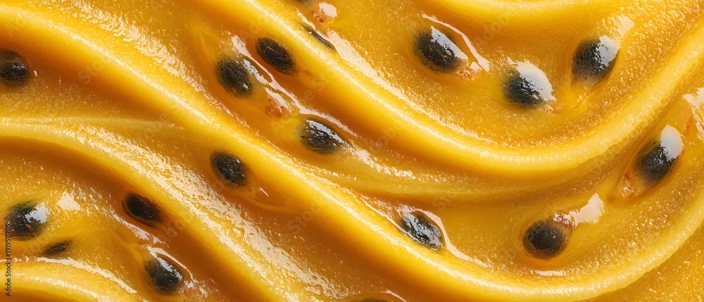 Naklejka premium Close-up abstract texture of bright yellow passion fruit pulp with black seeds