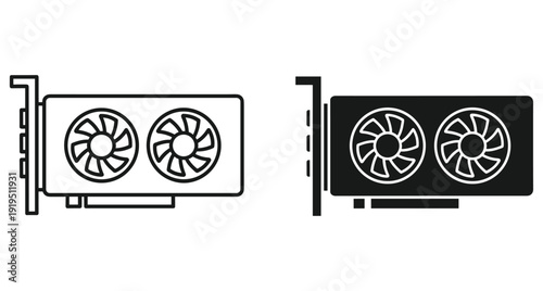 Two versions of a video graphics card icon for computer hardware and gaming technology