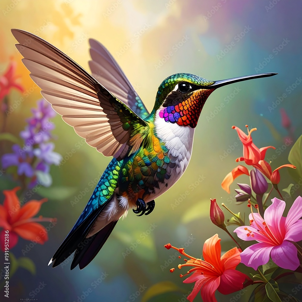 Obraz premium Vivid hummingbird, wings outstretched, hovers amongst colorful flowers in a bright garden scene