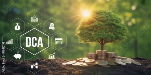 Investing in Growth: A conceptual image illustrating the potential of DCA(Dollar-Cost Averaging) for financial growth, as a verdant tree blossoms atop a pile of coins.