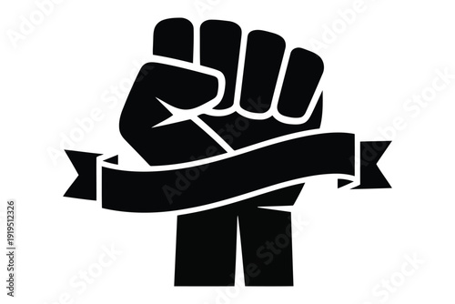 Black and white clenched fist holding a banner ribbon hand