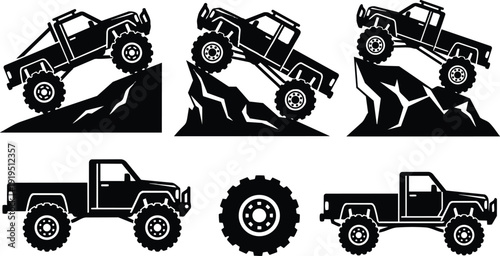 Flat design off road truck climbing rocky slope side view black silhouette set with isolated spare tire icon front rear