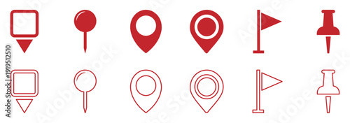 Location, map, and pin icon collection. GPS, place, markers, pinpointing, position, and navigation icons set. eps 10