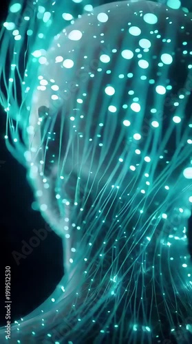 Abstract visualization of a digital mind. A translucent human bust filled with glowing fiber-optic lines and sparkling light nodes. The camera slowly pans around the head.