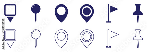 Location, map, and pin icon collection. GPS, place, markers, pinpointing, position, and navigation icons set. eps 10